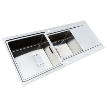 Chiuveta bucatarie inox dubla cu 2 cuve + picurator si ventil automat reversibila stanga/dreapta + accesorii montaj, 1160x500x200 mm cod 6072